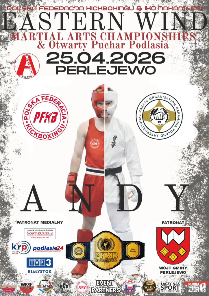 Plakat zawodów Eastern Wind Martial Arts Championships & Otwarty Puchar Podlasia, Perlejewo, 25 kwietnia 2026 roku